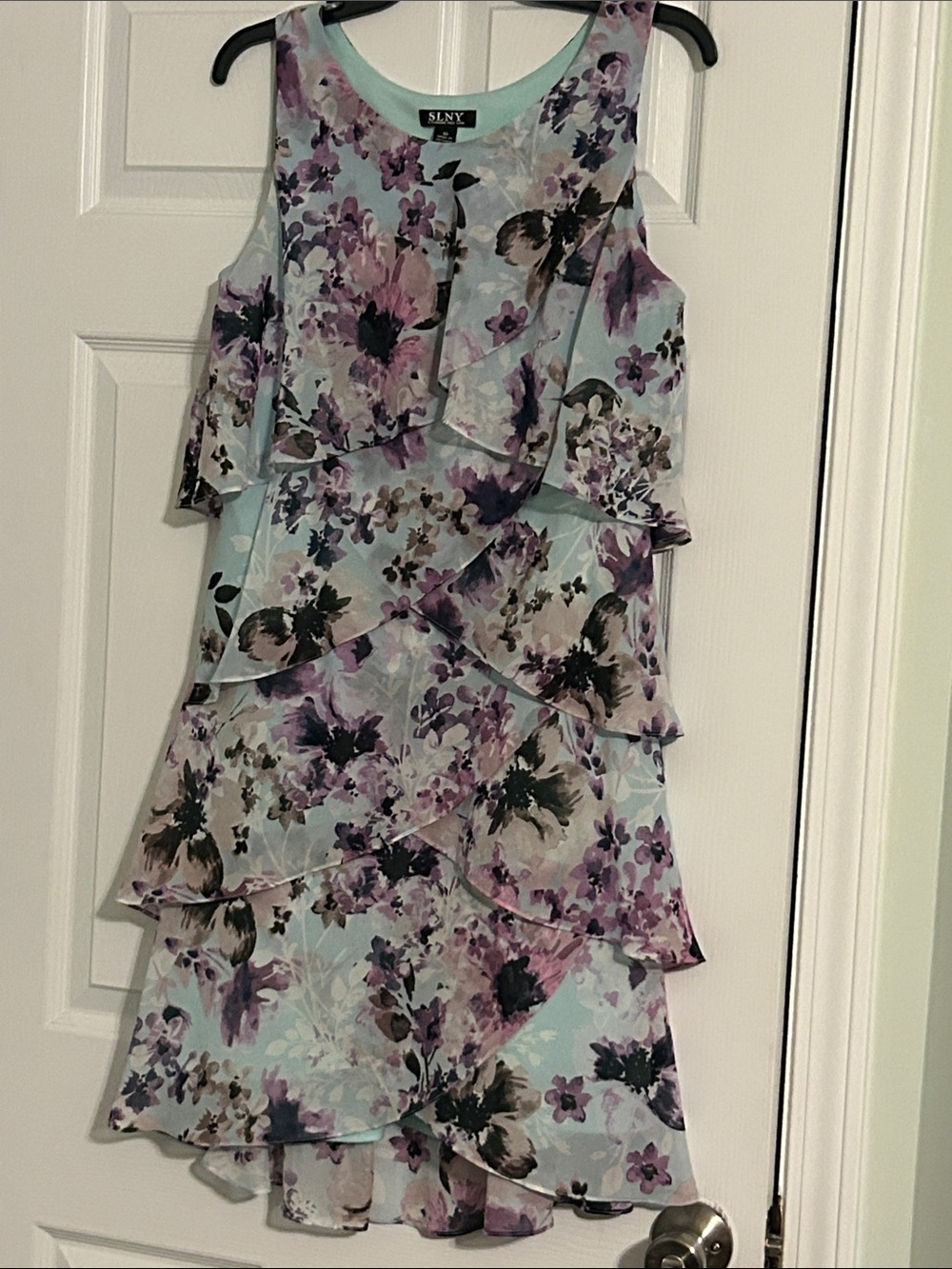 SLNY Mint and Purple Floral Ruffle Dress